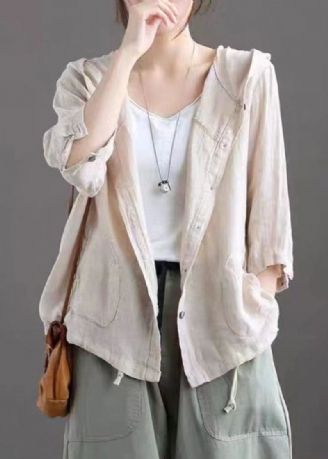 Light Khaki Lommer Patchwork Lin Hette Frakk Button Summer