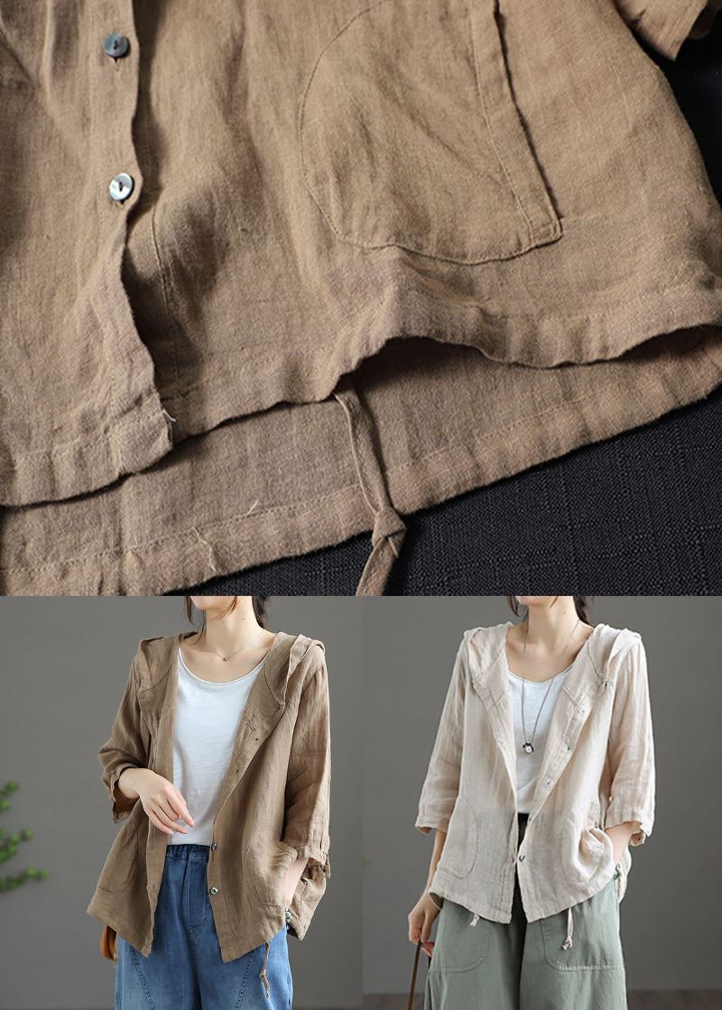 Light Khaki Lommer Patchwork Lin Hette Frakk Button Summer - Vinterfrakker for kvinner