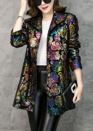 Loose Stand Krage Print Lommer Patchwork Faux Leather Coats Fall