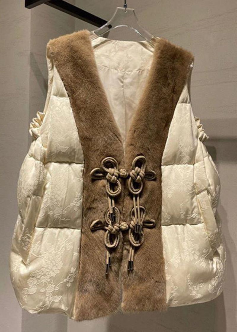 Løs Beige Knapp Mink Hår Patchwork Andedun Vest Ermeløs