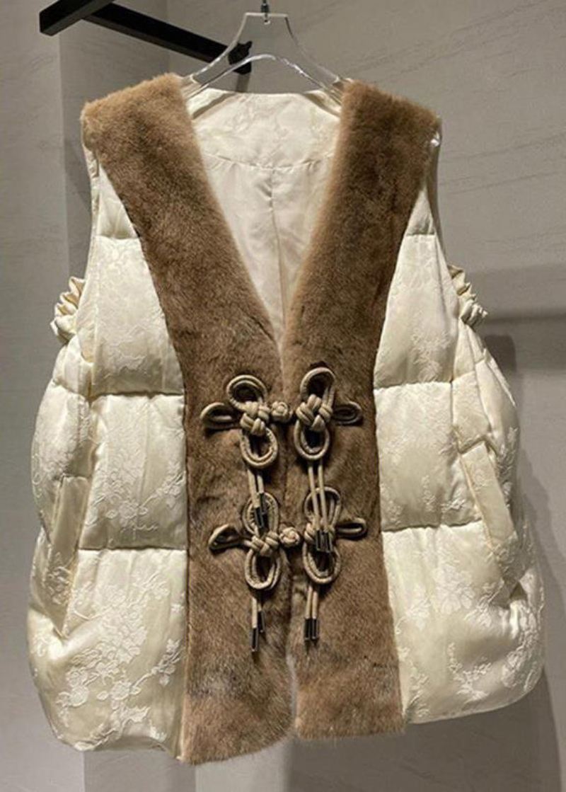 Løs Beige Knapp Mink Hår Patchwork Andedun Vest Ermeløs - Vinterfrakker for kvinner