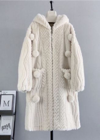 Løs Beige Zip Up Fuzzy Ball Dekorert Mink Velvet Hoodie Coat Winter