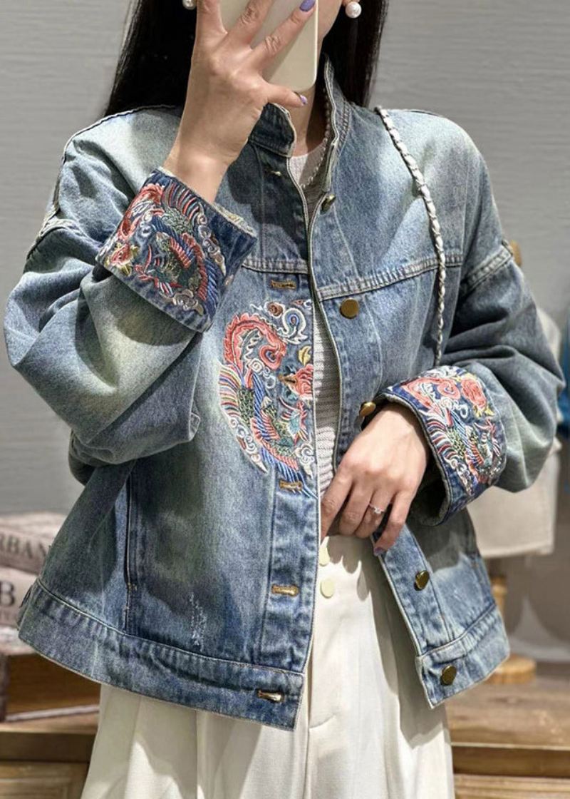 Løs Blå Brodert Knapp Patchwork Denim Frakk Høst