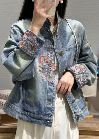 Løs Blå Brodert Knapp Patchwork Denim Frakk Høst