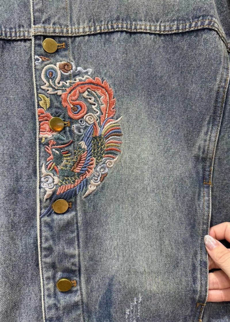 Løs Blå Brodert Knapp Patchwork Denim Frakk Høst - Vinterfrakker for kvinner