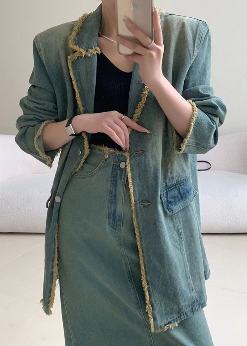 Løs Blå Peter Pan Krage Button Denim Coat Langermet - Vinterfrakker for kvinner