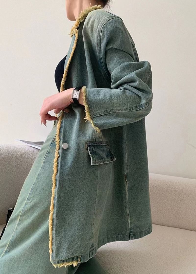 Løs Blå Peter Pan Krage Button Denim Coat Langermet - Vinterfrakker for kvinner