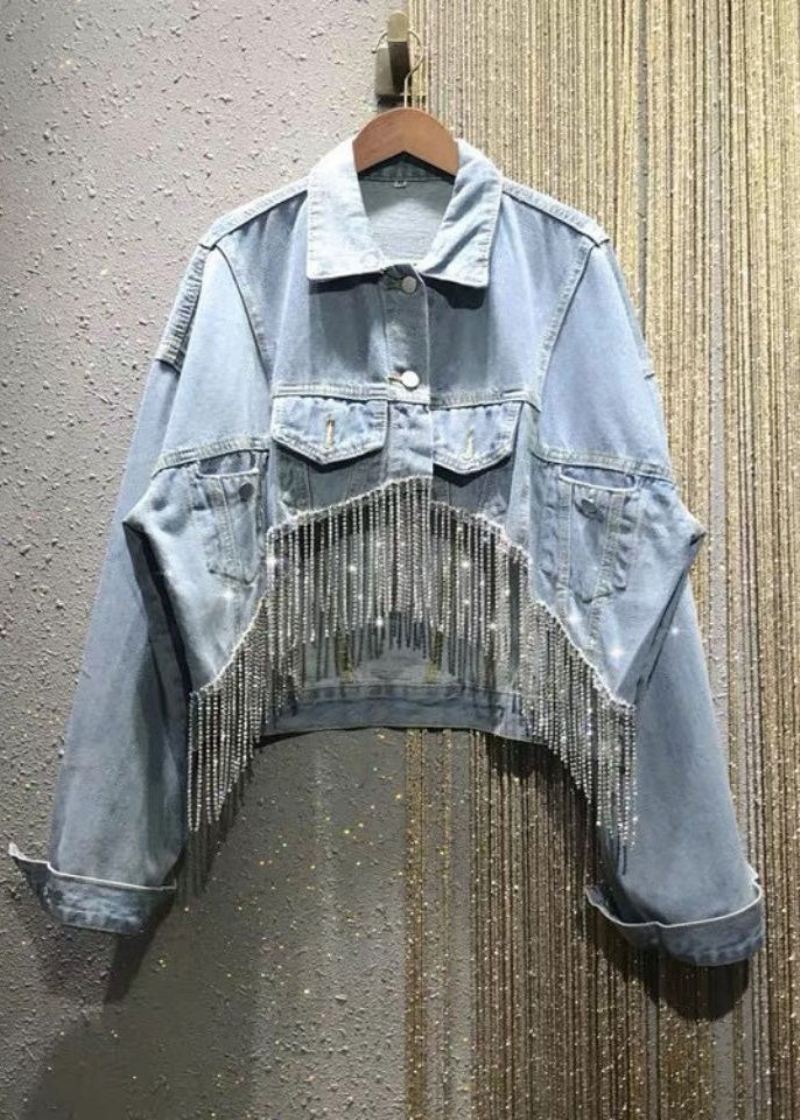 Løs Blå Peter Pan Krage Patchwork Kvast Zircon Button Denim Coats Langermet