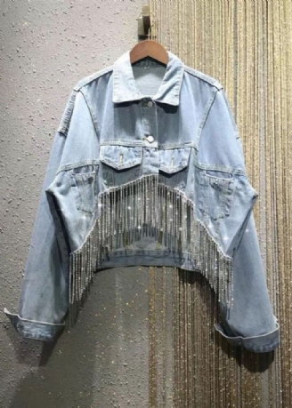 Løs Blå Peter Pan Krage Patchwork Kvast Zircon Button Denim Coats Langermet