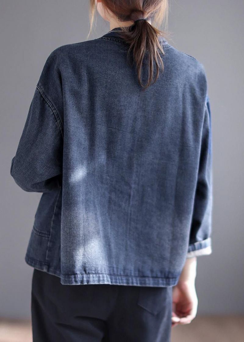 Løs Blå V-hals Brodert Knapp Denim Frakk Langermet - Vinterfrakker for kvinner