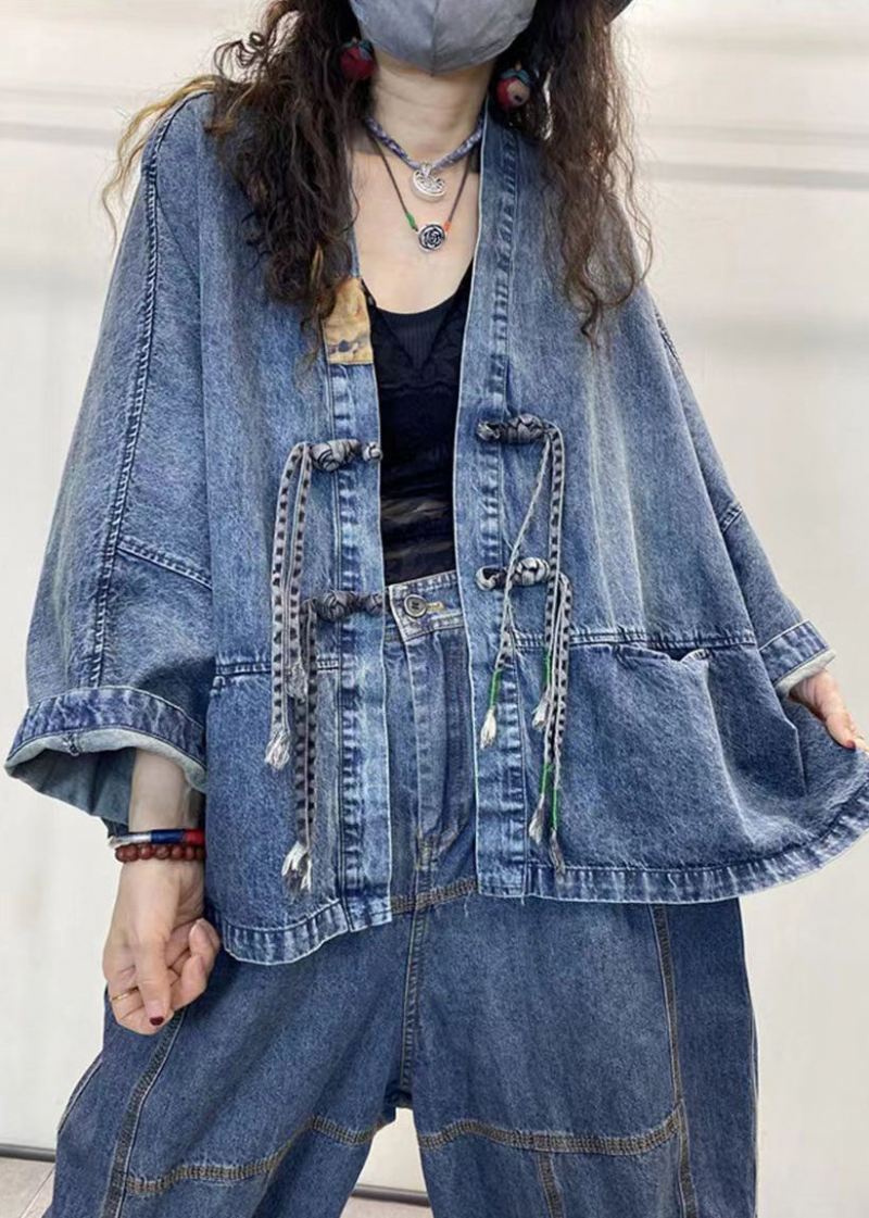 Løs Blå V-hals Knapp Patchwork Denim Coats Langermet