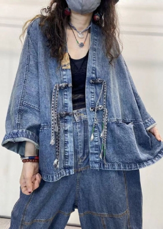 Løs Blå V-hals Knapp Patchwork Denim Coats Langermet