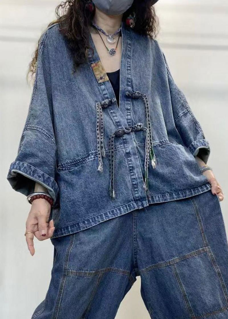 Løs Blå V-hals Knapp Patchwork Denim Coats Langermet - Vinterfrakker for kvinner