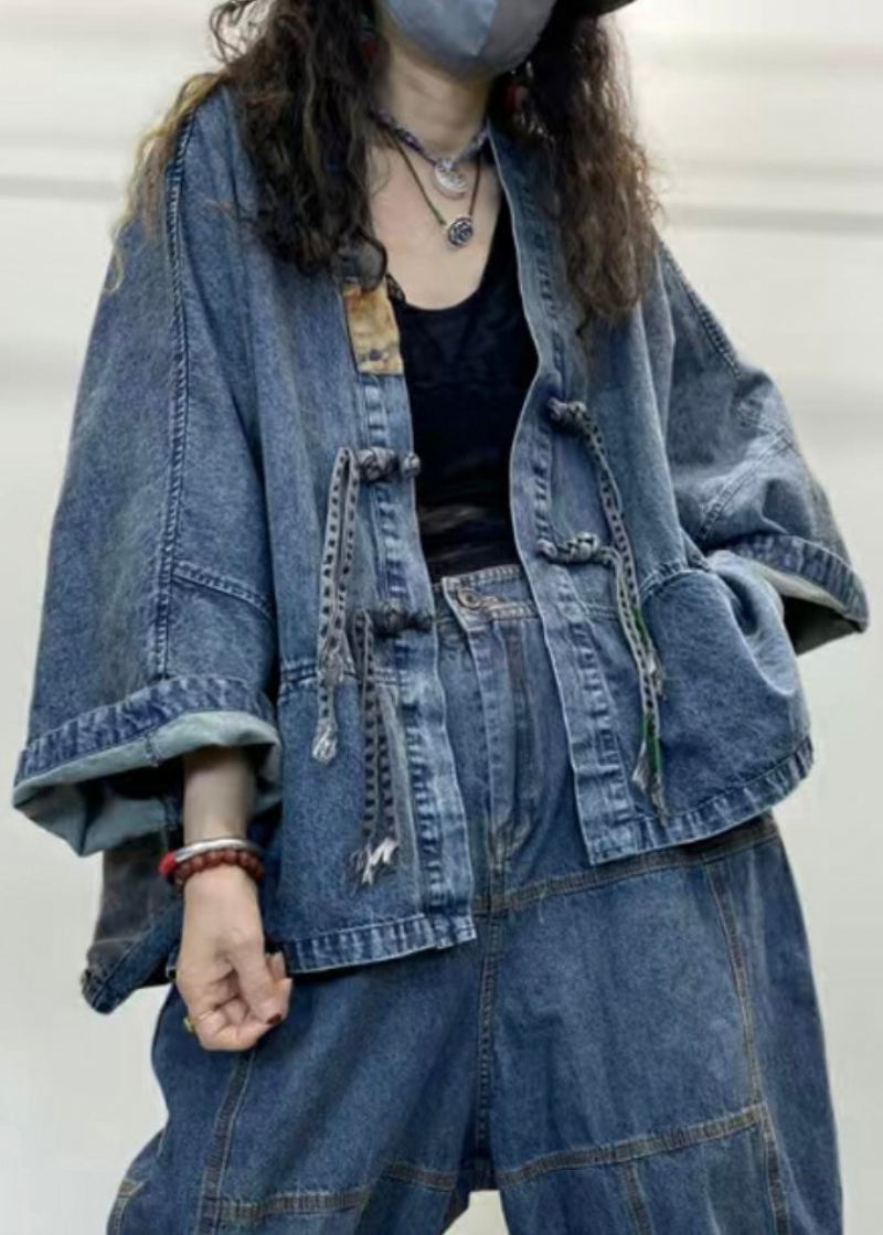 Løs Blå V-hals Knapp Patchwork Denim Coats Langermet - Vinterfrakker for kvinner