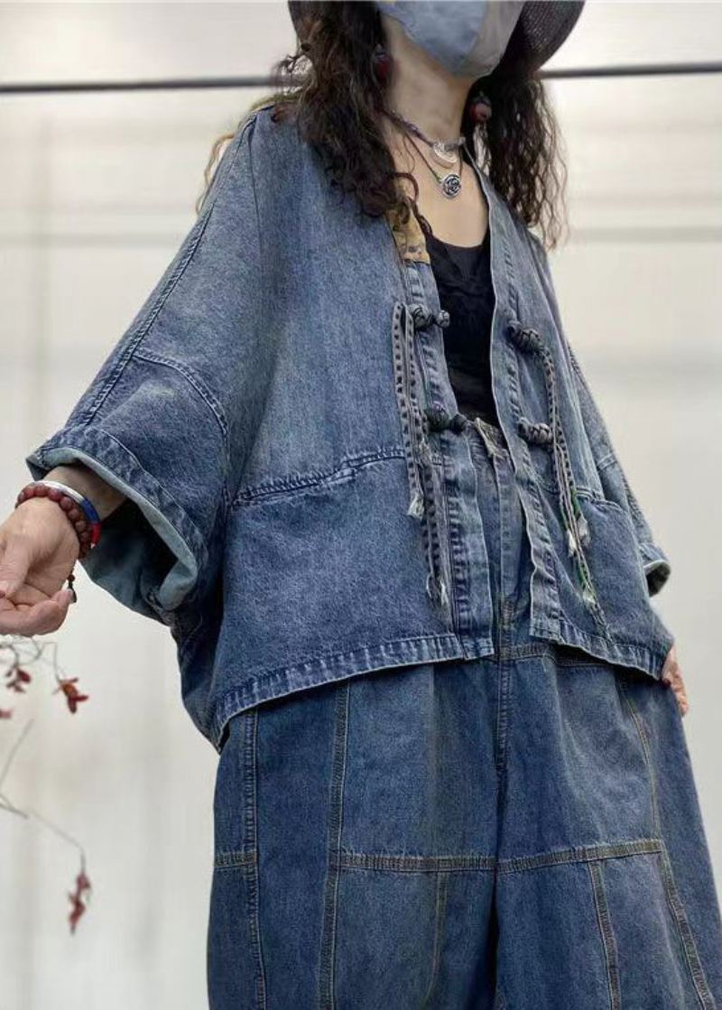 Løs Blå V-hals Knapp Patchwork Denim Coats Langermet - Vinterfrakker for kvinner