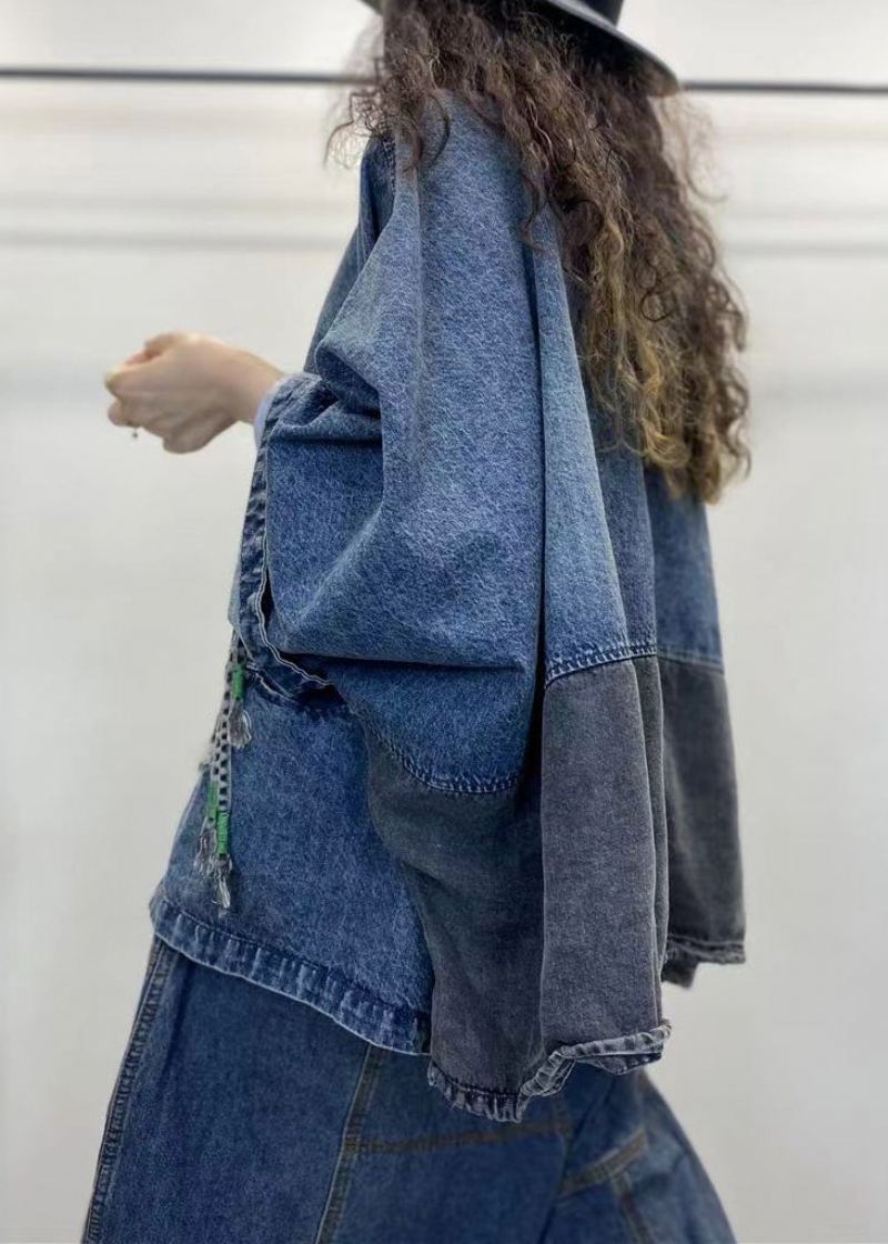 Løs Blå V-hals Knapp Patchwork Denim Coats Langermet - Vinterfrakker for kvinner