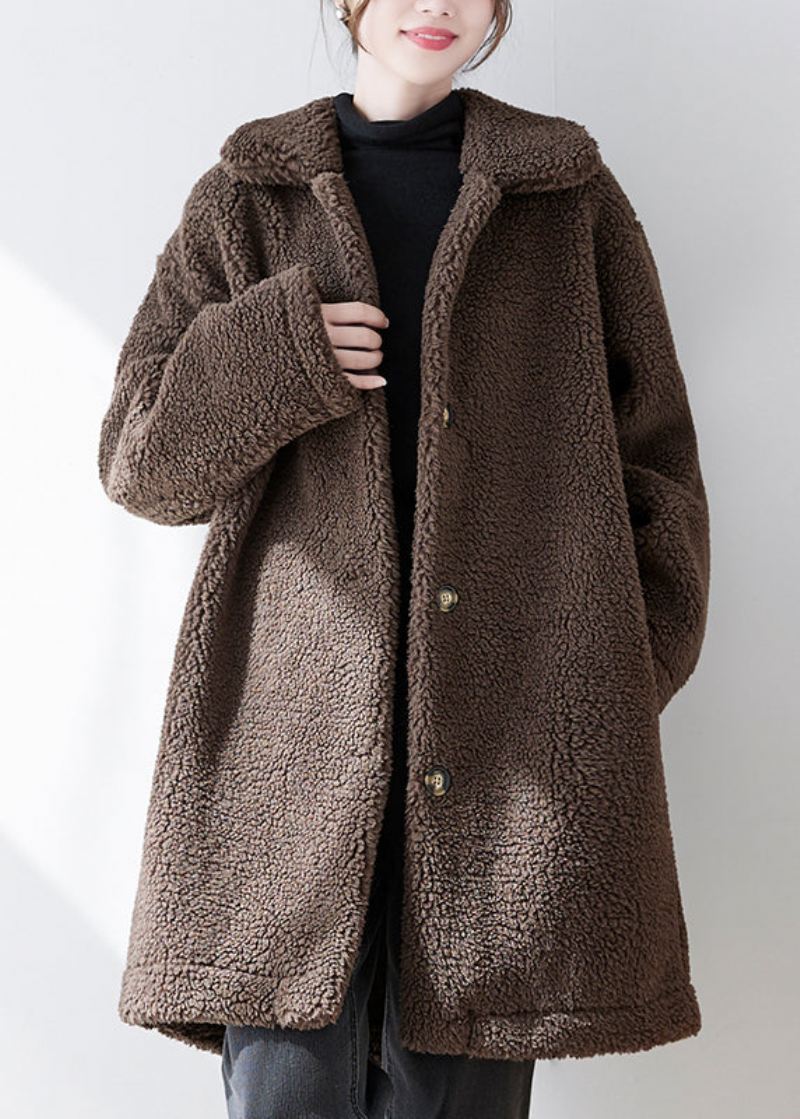 Løs Kaffe Peter Pan Krage Lommer Knapp Faux Fur Coat Fall