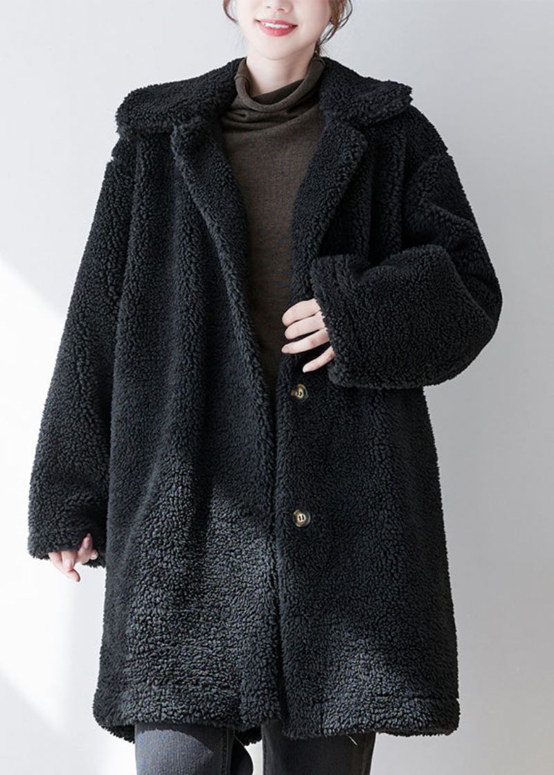 Løs Kaffe Peter Pan Krage Lommer Knapp Faux Fur Coat Fall - Vinterfrakker for kvinner