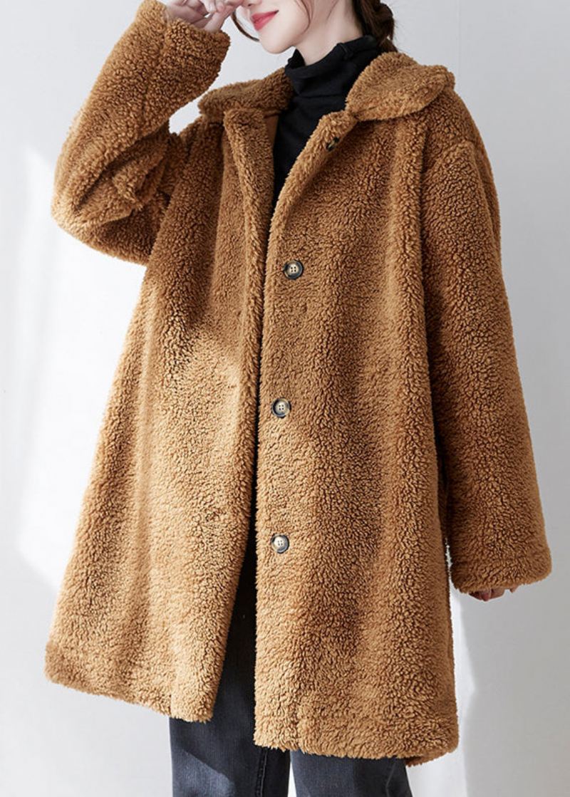 Løs Kaffe Peter Pan Krage Lommer Knapp Faux Fur Coat Fall - Vinterfrakker for kvinner