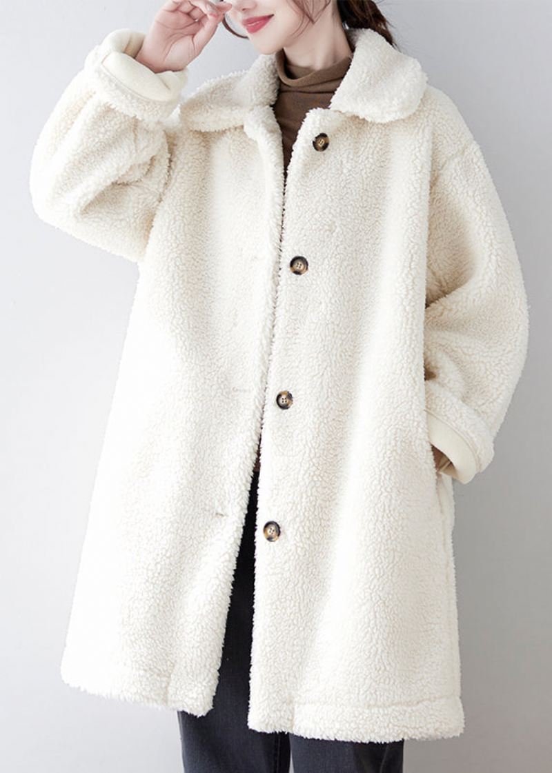 Løs Kaffe Peter Pan Krage Lommer Knapp Faux Fur Coat Fall - Vinterfrakker for kvinner