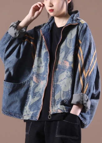 Løs Lag Gammel Blå Stand Krage Glidelås Print Denim Coats Langermet