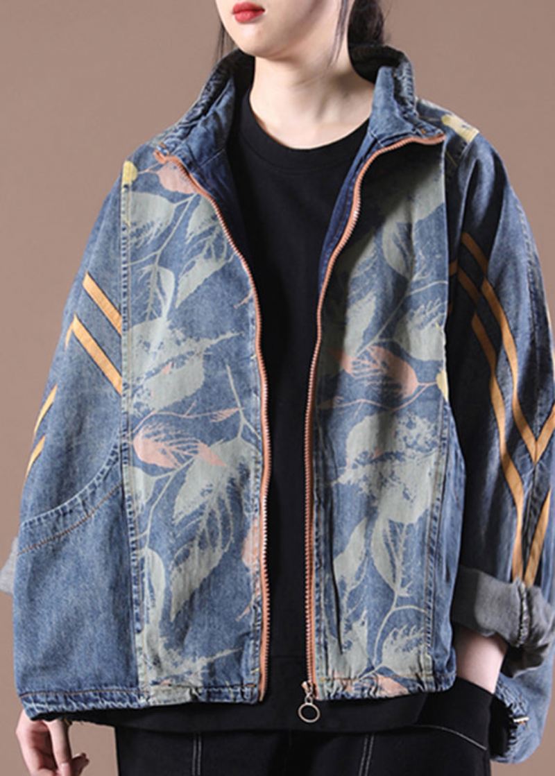 Løs Lag Gammel Blå Stand Krage Glidelås Print Denim Coats Langermet - Vinterfrakker for kvinner