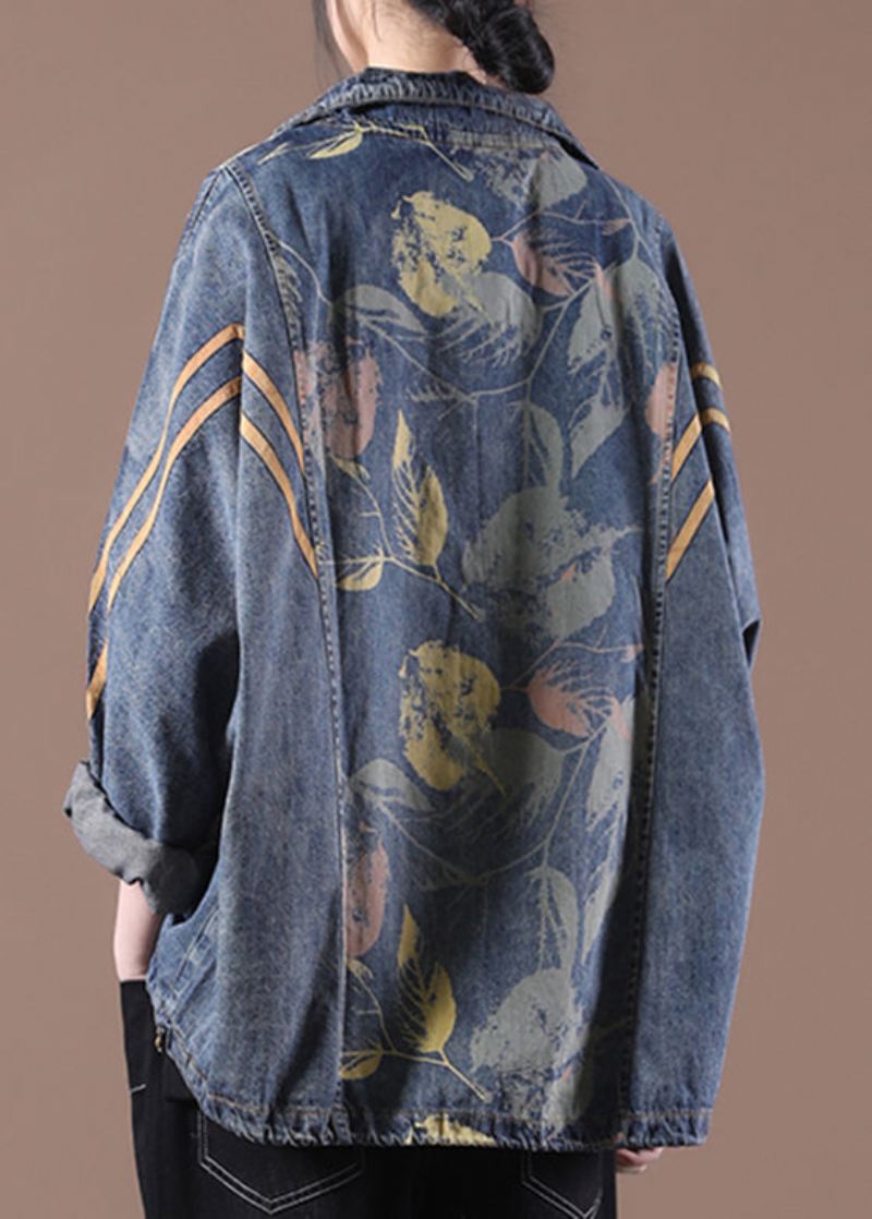 Løs Lag Gammel Blå Stand Krage Glidelås Print Denim Coats Langermet - Vinterfrakker for kvinner