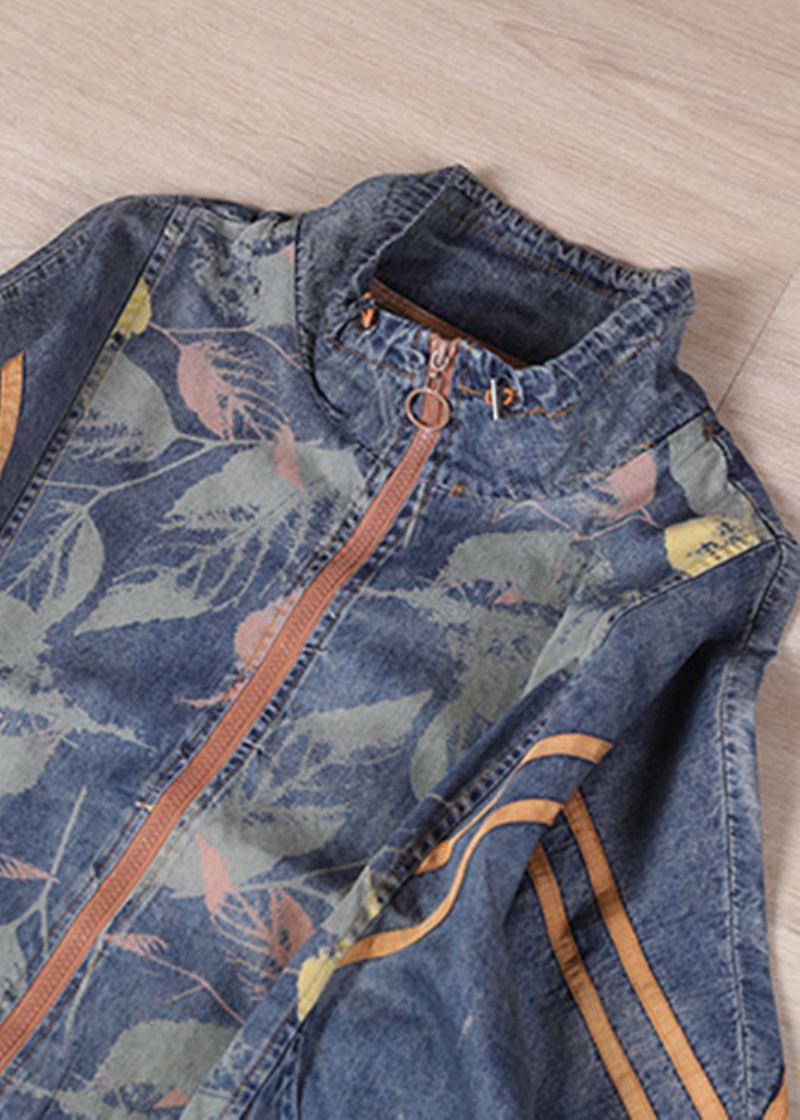 Løs Lag Gammel Blå Stand Krage Glidelås Print Denim Coats Langermet - Vinterfrakker for kvinner