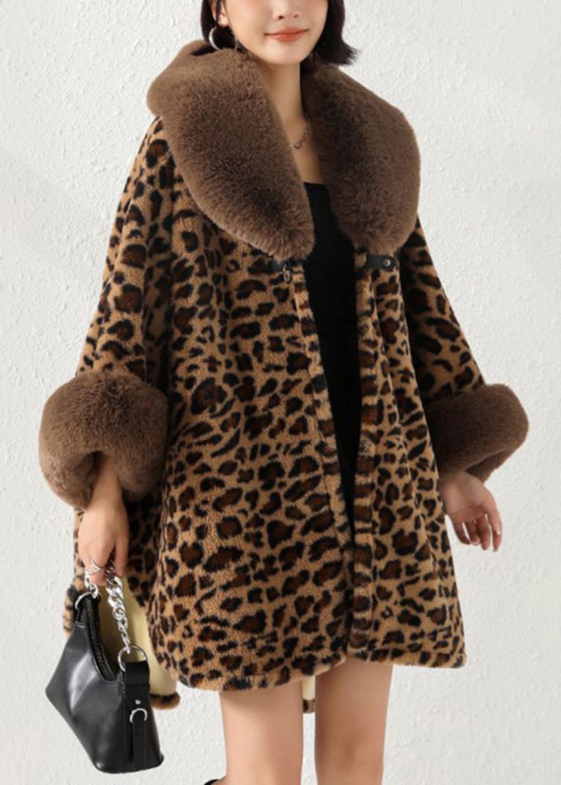 Løs Leopard Pelskrage Side Åpen Patchwork Varm Fleece Coat Høst - Vinterfrakker for kvinner