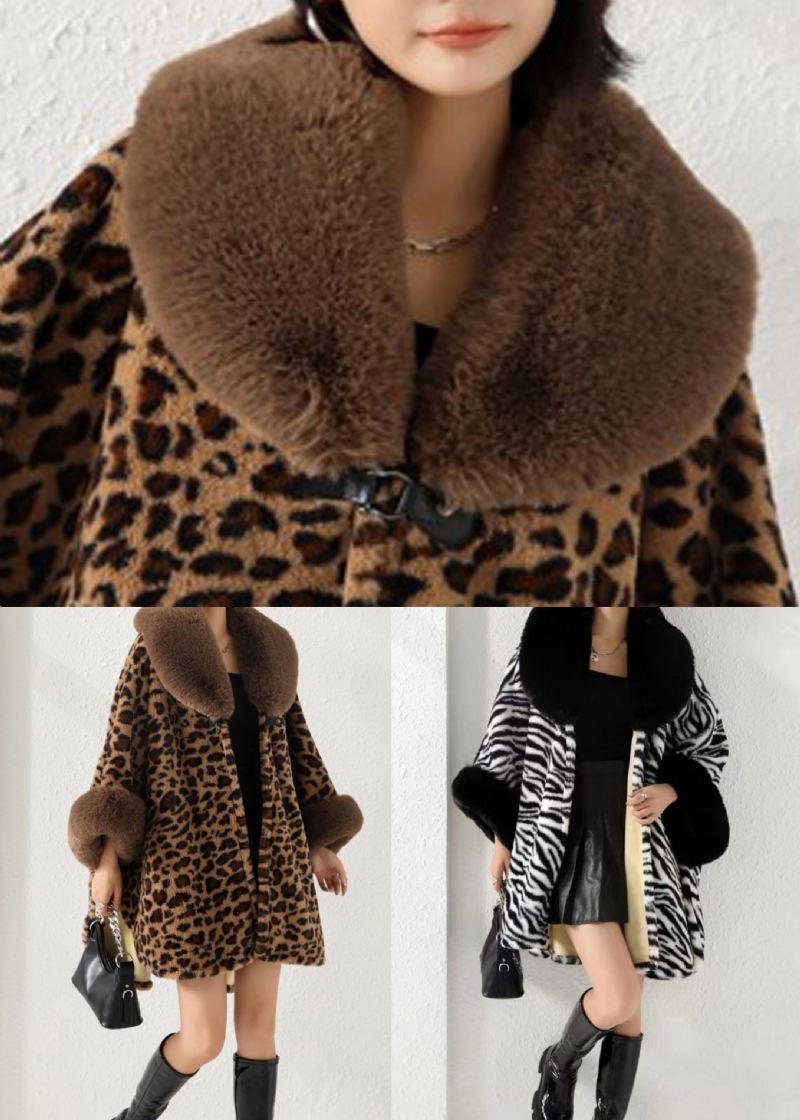 Løs Leopard Pelskrage Side Åpen Patchwork Varm Fleece Coat Høst - Vinterfrakker for kvinner