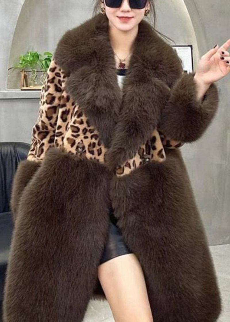 Løs Leopard Peter Pan Krage Button Patchwork Fuzzy Fur Fluffy Coat Langermet