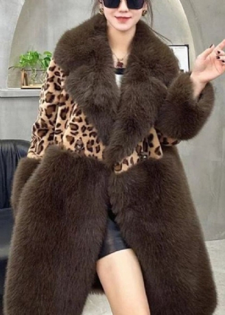 Løs Leopard Peter Pan Krage Button Patchwork Fuzzy Fur Fluffy Coat Langermet