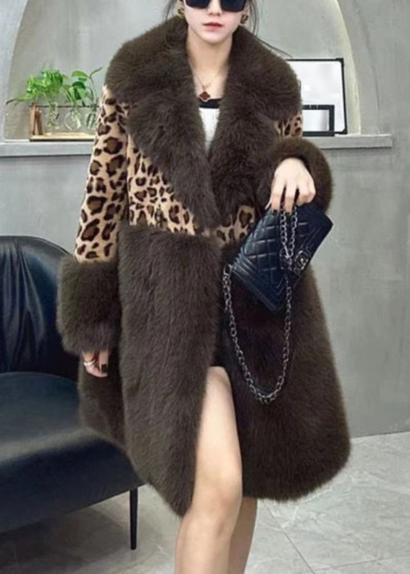 Løs Leopard Peter Pan Krage Button Patchwork Fuzzy Fur Fluffy Coat Langermet - Vinterfrakker for kvinner