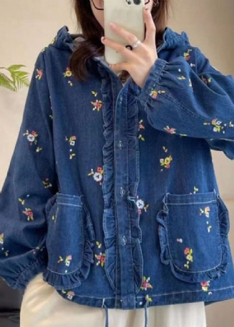 Løs Multi Hooded Ruffled Print Lace Up Denim Coat Spring