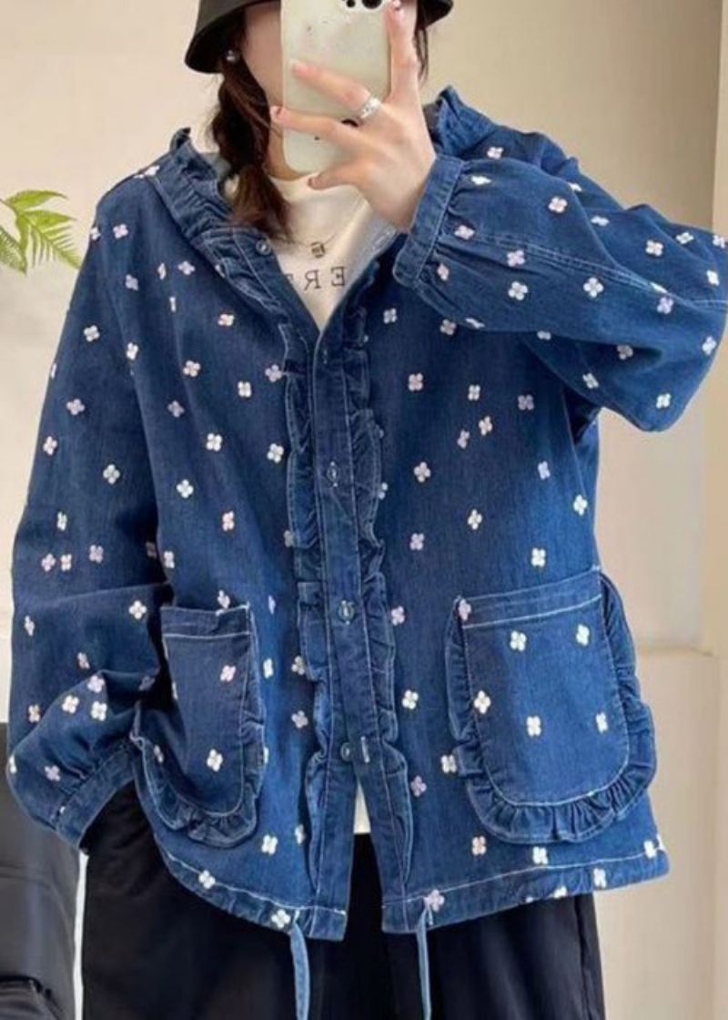 Løs Multi Hooded Ruffled Print Lace Up Denim Coat Spring - Vinterfrakker for kvinner