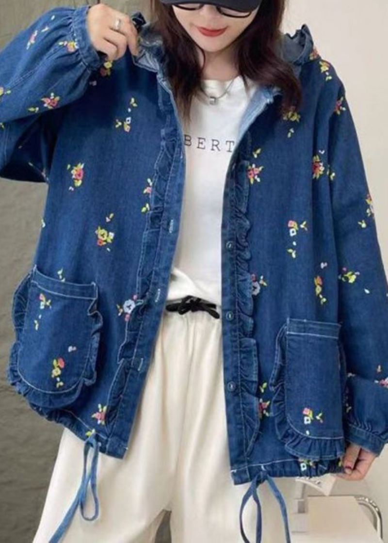 Løs Multi Hooded Ruffled Print Lace Up Denim Coat Spring - Vinterfrakker for kvinner