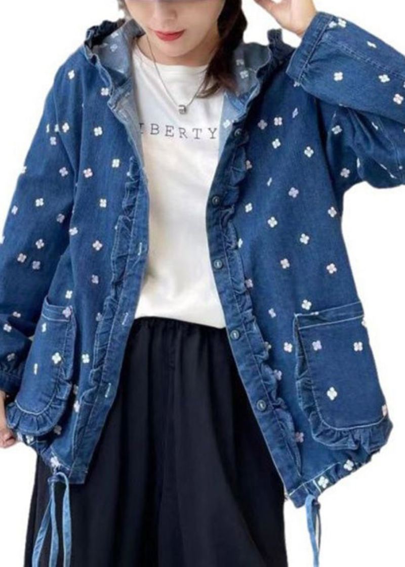 Løs Multi Hooded Ruffled Print Lace Up Denim Coat Spring - Vinterfrakker for kvinner