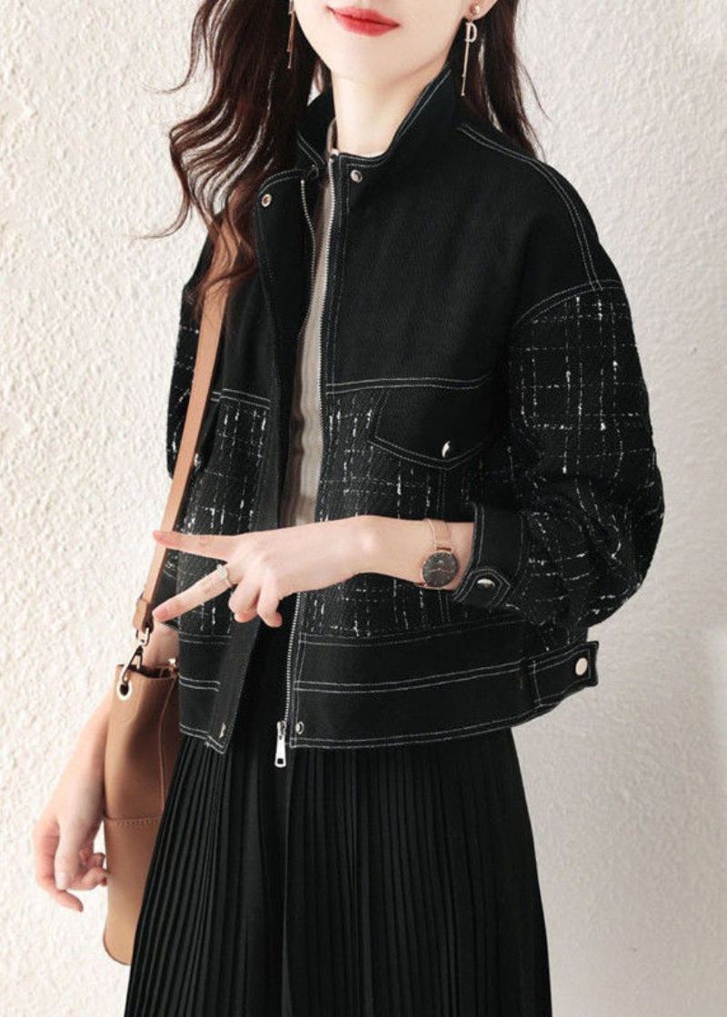 Løs Svart Rutete Zip Up Patchwork Denim Coat Fall