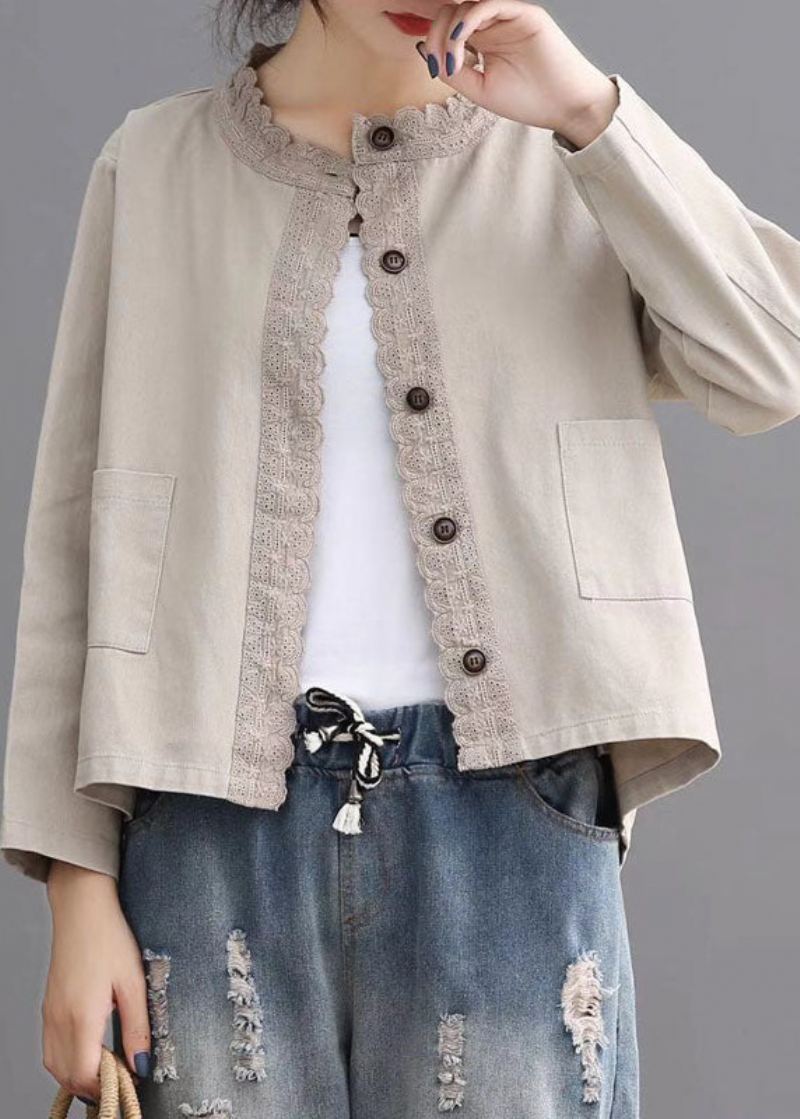 Løse Beige Retro Denimlommer Casual Coats Høst