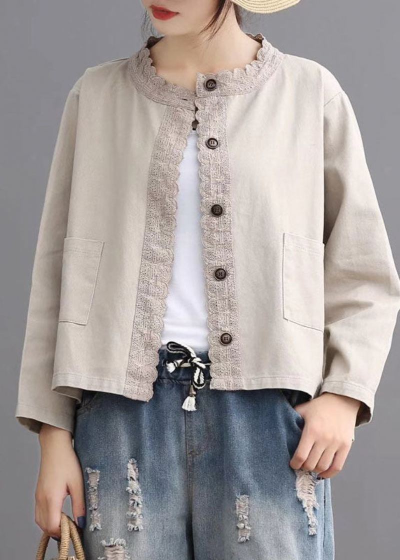 Løse Beige Retro Denimlommer Casual Coats Høst - Svart