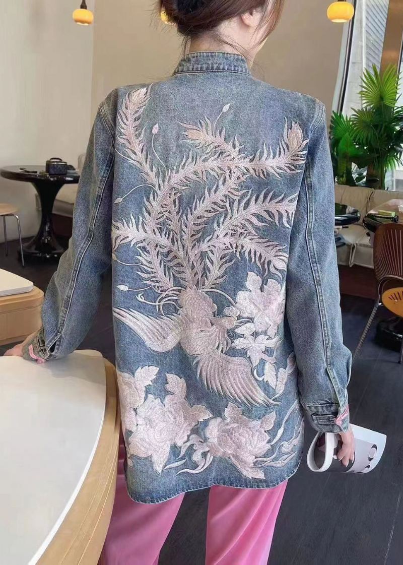 Løse Blå Broderte Denimkåper Med Lange Ermer