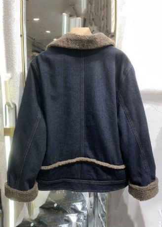 Løse Blå Knappelommer Patchwork Fleece Coat Langermet