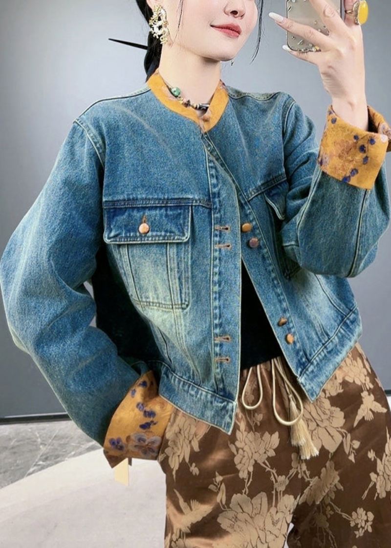 Løse Blå Knapplommer Patchwork Denim Coats Spring