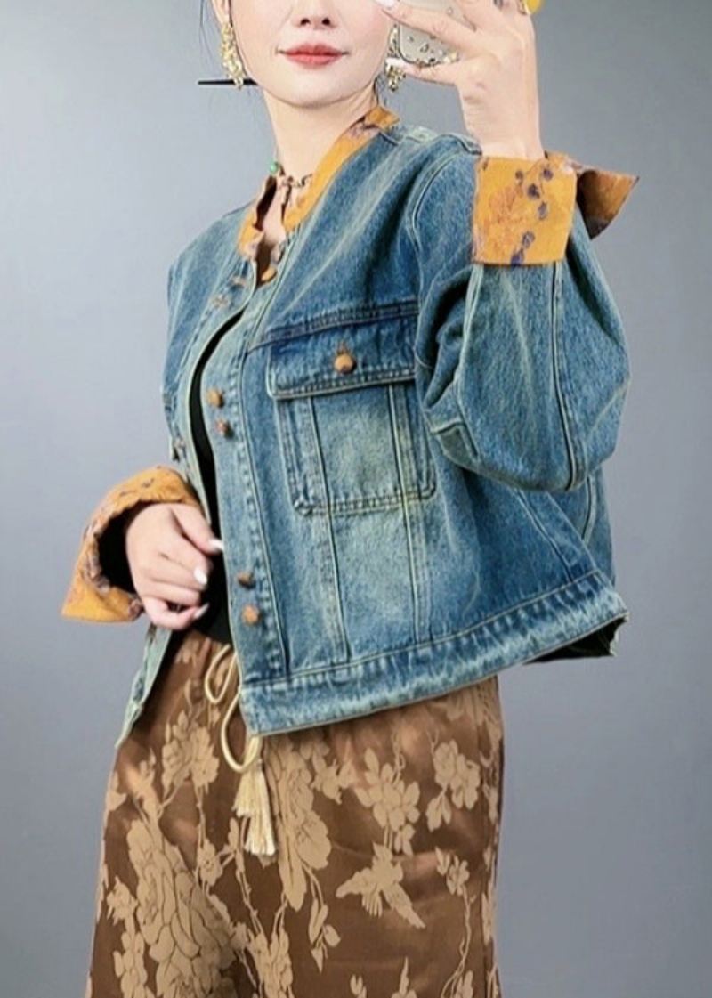 Løse Blå Knapplommer Patchwork Denim Coats Spring - Vinterfrakker for kvinner