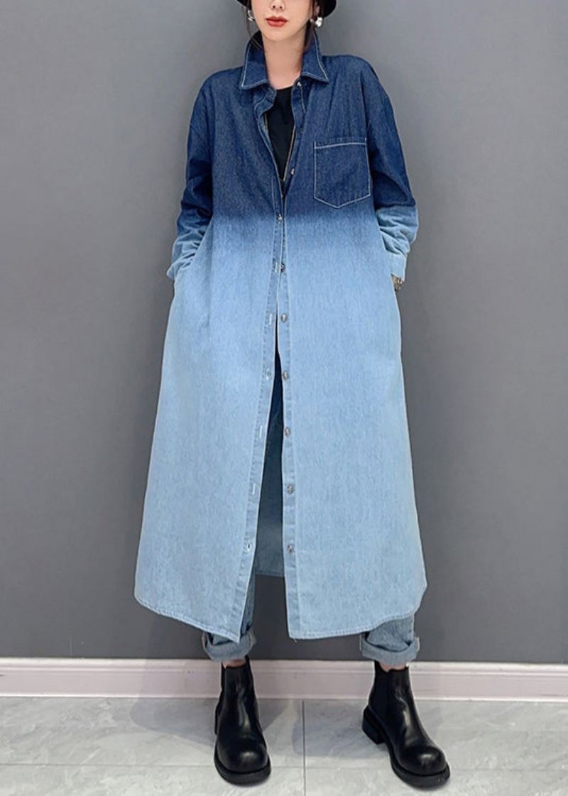 Løse Gradient Farge Knapplommer Denim Lang Frakk Fall