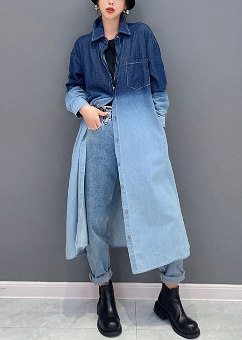 Løse Gradient Farge Knapplommer Denim Lang Frakk Fall - Vinterfrakker for kvinner