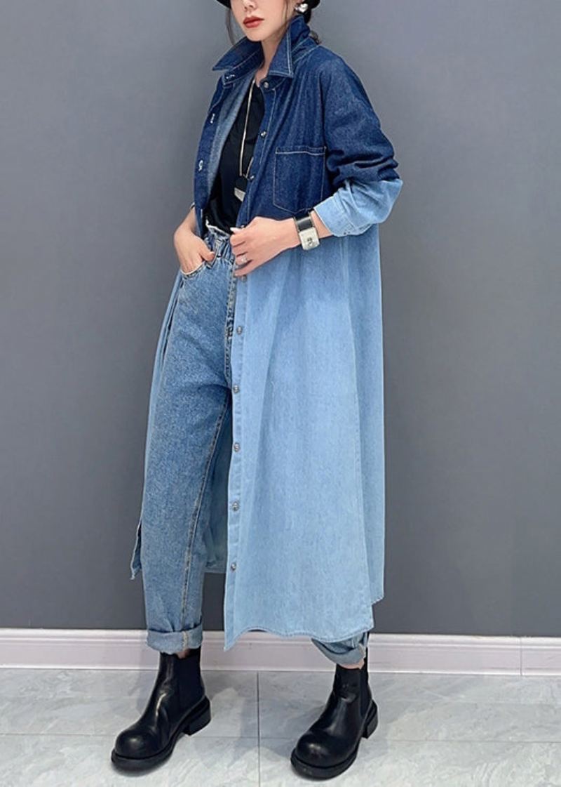 Løse Gradient Farge Knapplommer Denim Lang Frakk Fall - Vinterfrakker for kvinner