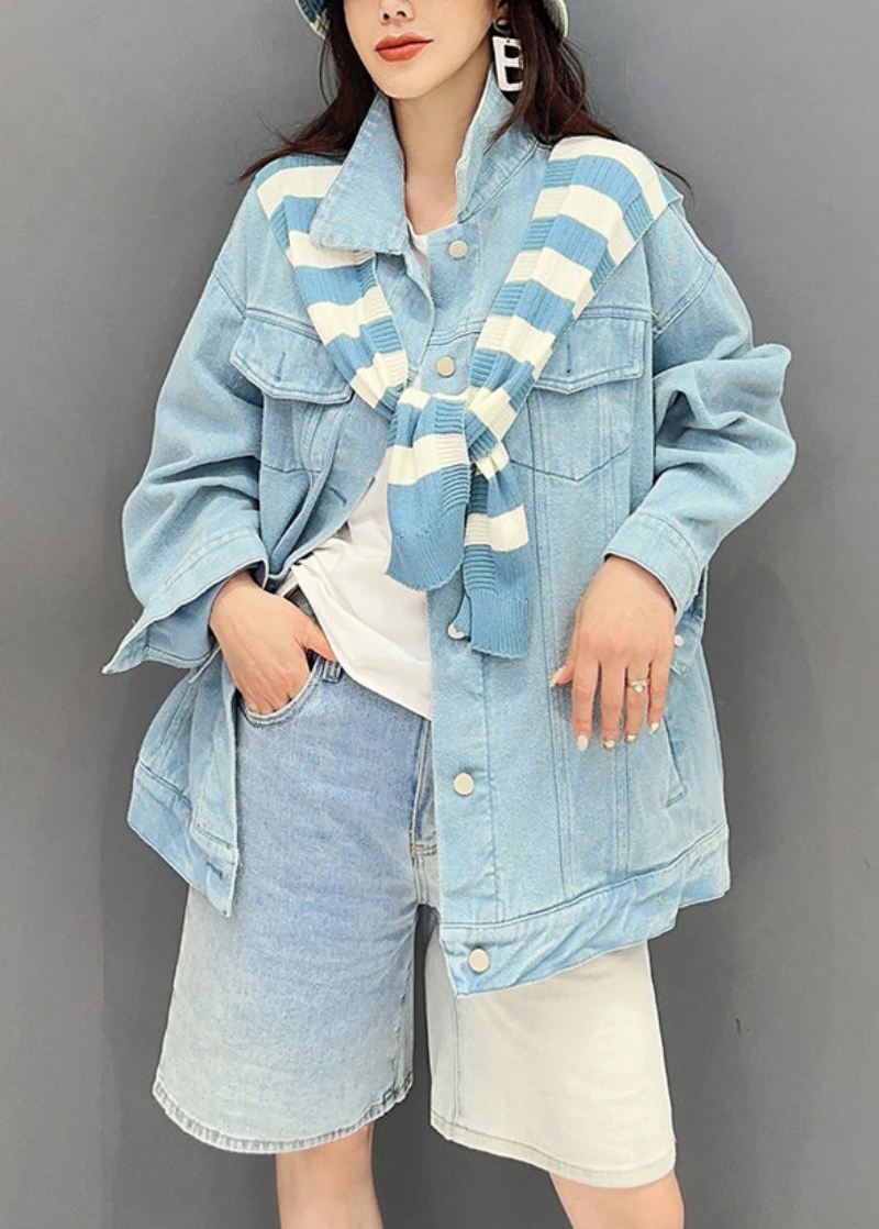 Løse Lilla Peter Pan Krage Lommer Patchwork Denim Coat Fall - Vinterfrakker for kvinner