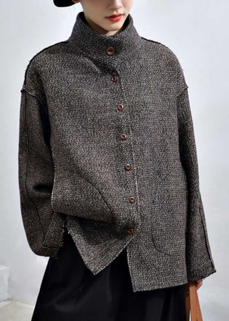 Løse Mørkegrå Knappelommer Patchwork Cashmere Coats Fall