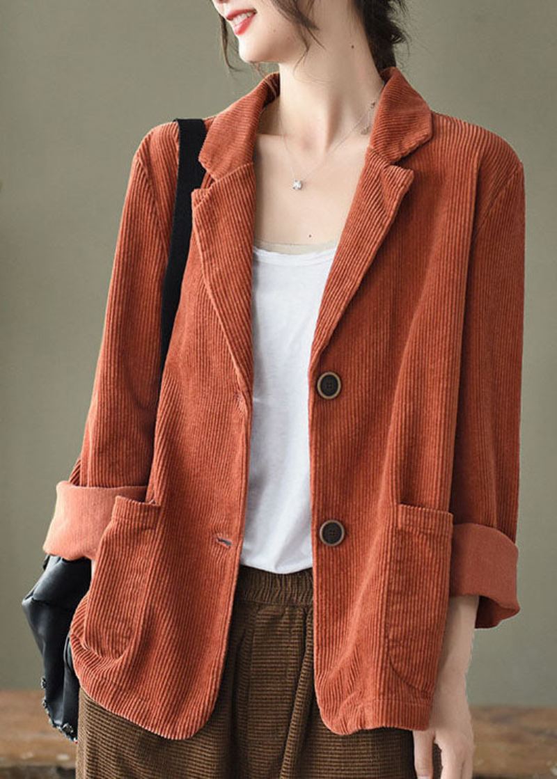 Løse Oransje Gule Knappelommer Peter Pan Collar Corduroy Coat Langermet